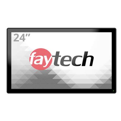 Een 24-inch scherm toont het logo van 'faytech', een merk van touchscreenmonitoren. De achtergrond is een geometrisch patroon.