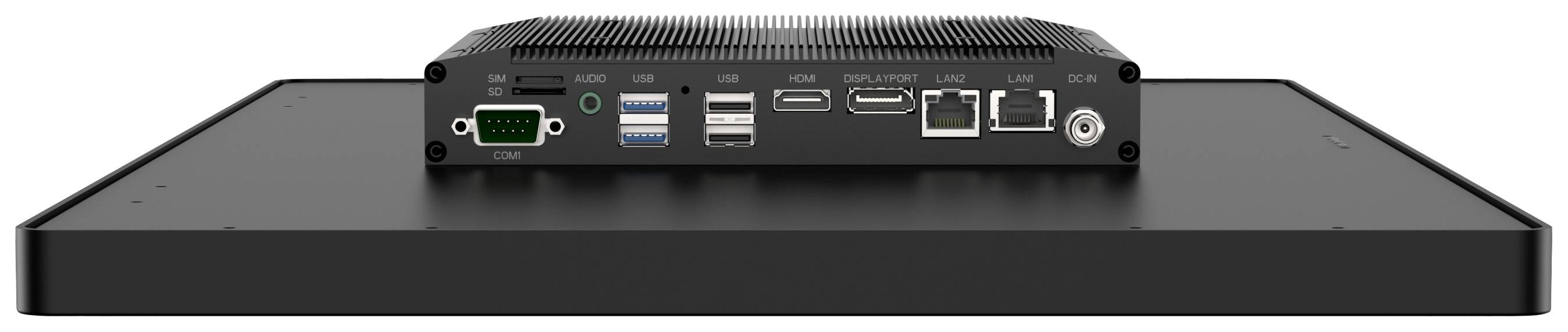 Een platte, zwarte computer met meerdere aansluitingen aan de achterkant, waaronder USB, HDMI, DisplayPort, LAN en Audio.