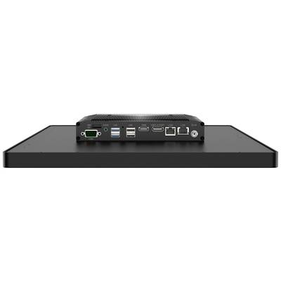 Een platte, zwarte computer met meerdere aansluitingen aan de achterkant, waaronder USB, HDMI, DisplayPort, LAN en Audio.