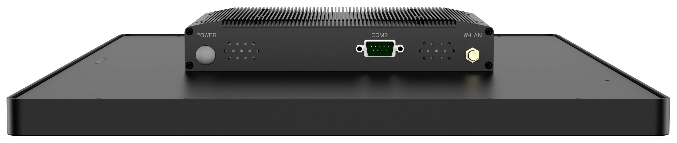 Een rechthoekig, plat elektronisch apparaat met een geïntegreerd display en aansluitingen voor stroom en data aan de achterkant.