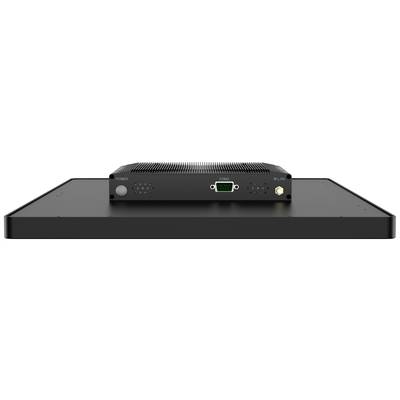 Een rechthoekig, plat elektronisch apparaat met een geïntegreerd display en aansluitingen voor stroom en data aan de achterkant.