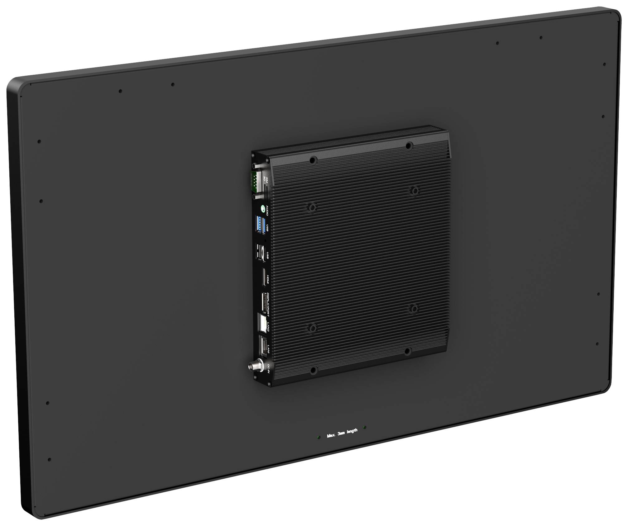 Achteraanzicht van een zwart elektronisch apparaat met een verwijderbare module die meerdere aansluitingen bevat.