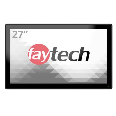 Monitor met een 27-inch display. Op het scherm staat het logo 'faytech' in grijze en rode letters.