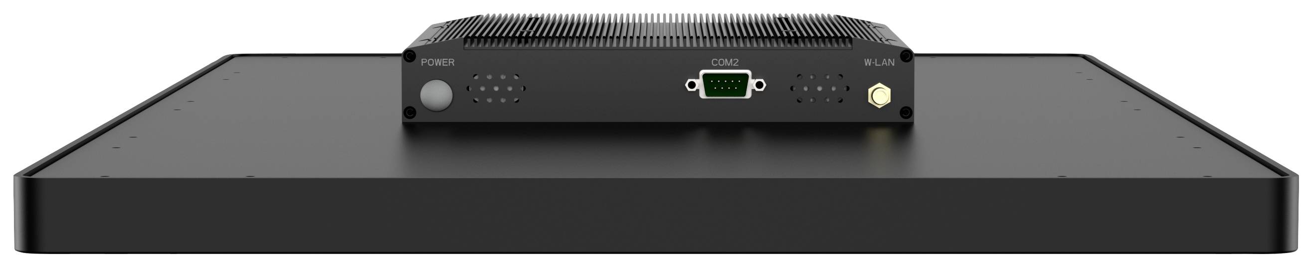 Zwarte elektronische behuizing met meerdere aansluitingen, waaronder een groene VGA-aansluiting, op een grijze ondergrond.