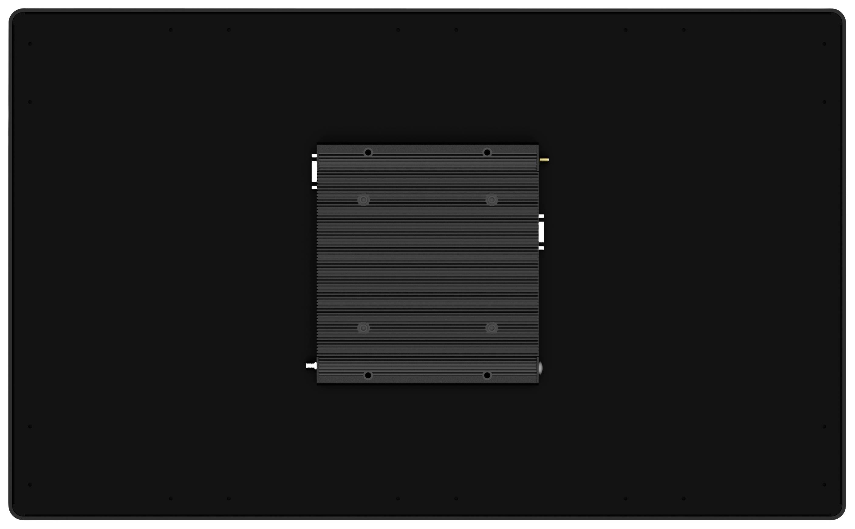 Achterkant van een rechthoekige, zwarte monitor met zichtbare bevestigingsplaat in het midden.