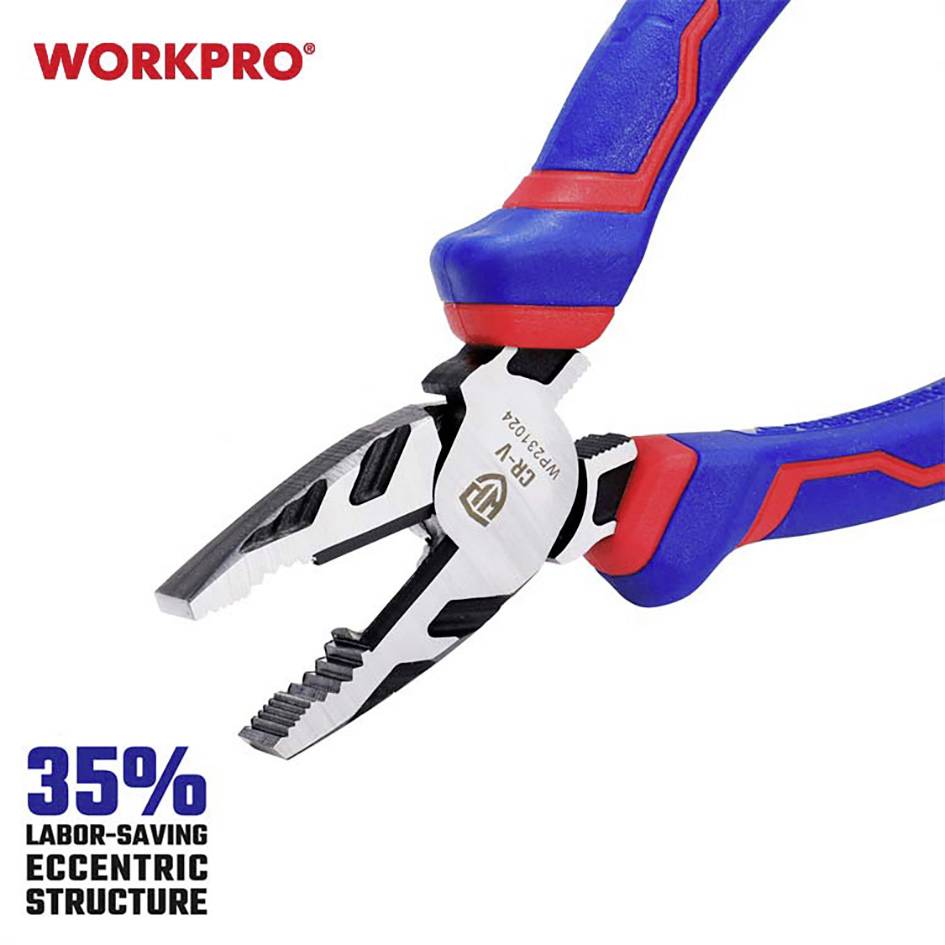 'WORKPRO' Tang met blauwe en rode handgrepen, benadrukt 35% krachtbesparing door excentrische constructie.