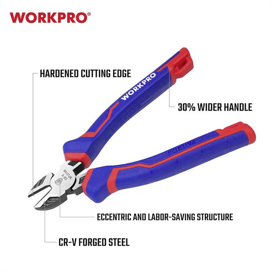Een tang met blauwe en rode handgrepen van 'WORKPRO'. Functies: gehard snijvlak, 30% bredere handgreep, excentrische arbeidsbesparende structuur, CR-V gesmeed staal.