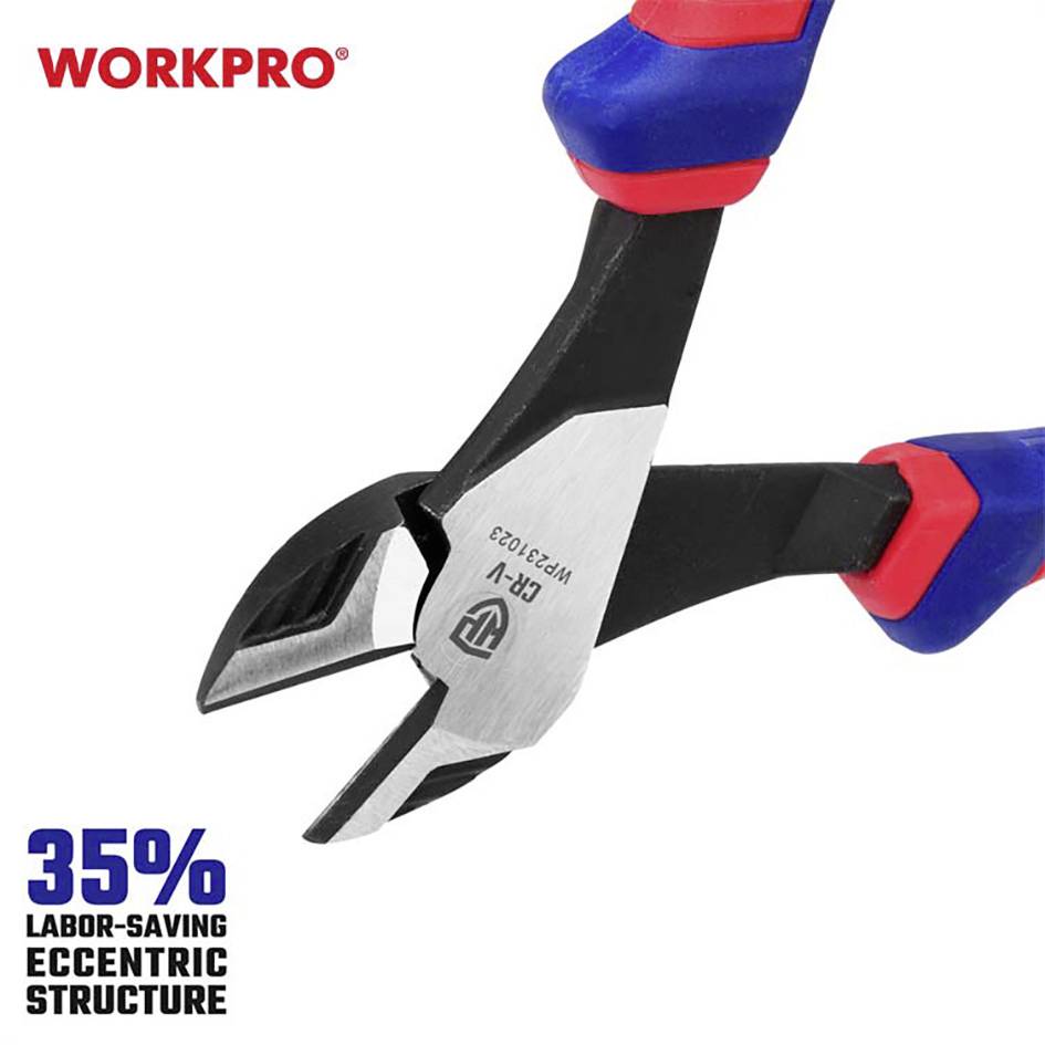 Een zwarte tang met blauwe en rode handgrepen. Linksboven het logo 'WORKPRO'. Linksonder de tekst '35% arbeidsbesparende excentrische structuur'.