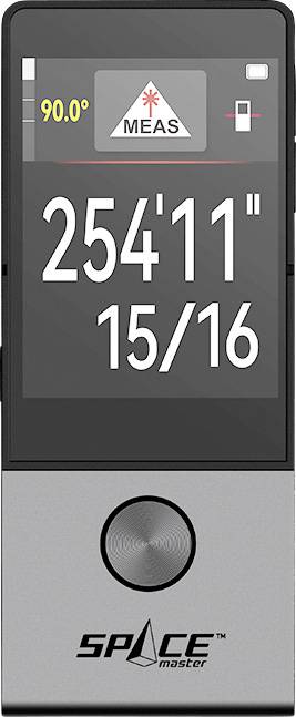 Digitaal meetinstrument toont '90.0°' linksboven, '254'11"' en '15/16' in het midden. Logo 'SPACE master' onderaan.