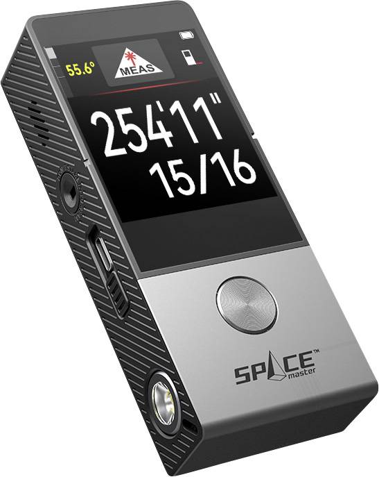 Laser-afstandsmeter in schuine weergave, display toont: '25411" 15/16', temperatuur: 55,6°. Merknaam: 'SPACE master'.