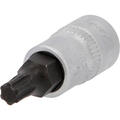 Een zilveren steeksleutelopzetstuk met een zwarte Torx-bit-inzet. Geschikt voor het vastdraaien of losdraaien van schroeven.