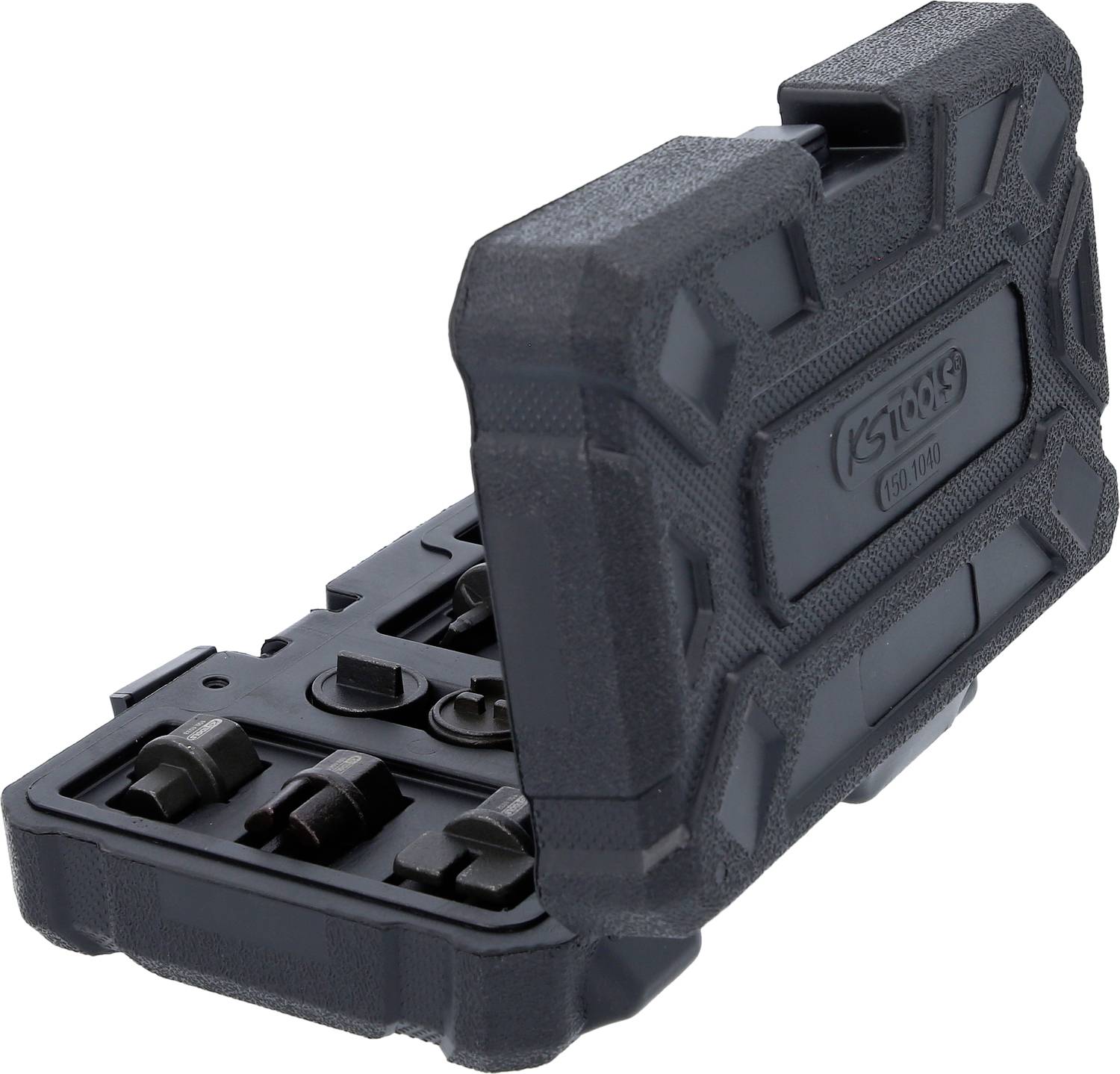 Een zwarte gereedschapskoffer, gedeeltelijk open, toont verschillende opzetstukken en gereedschapsinzetstukken aan de binnenkant.