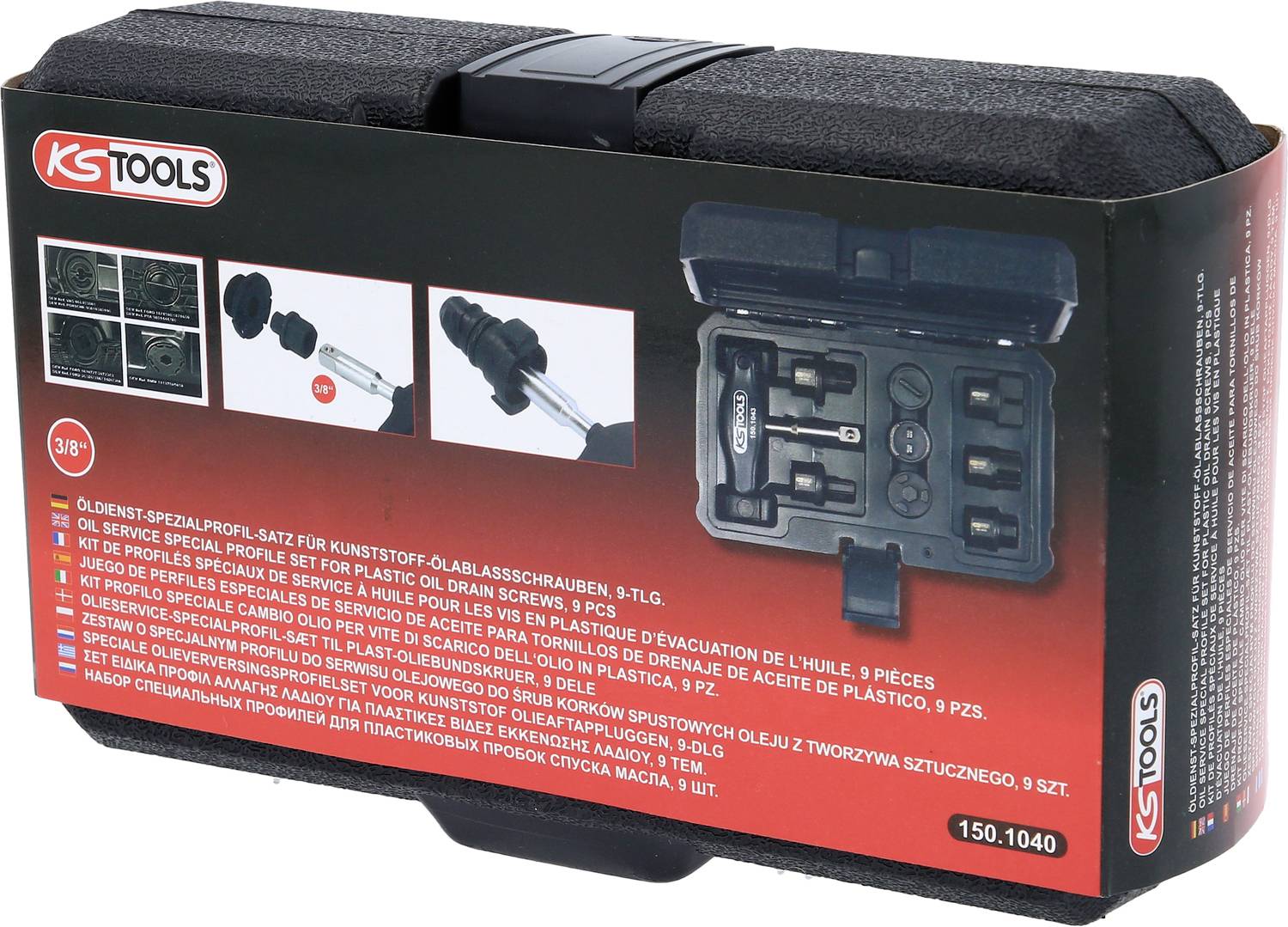 'Olie-aftaprofielset 9-delig' van KS TOOLS in kunststof koffer. Bevat speciale profielen voor olie-aftapbouten.