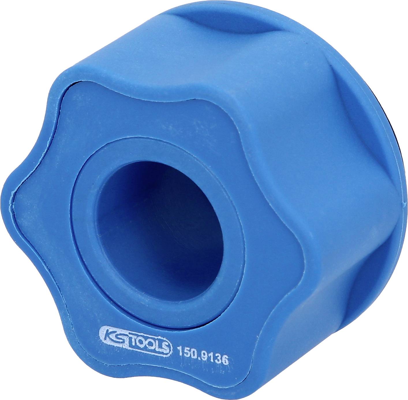 Blauw kunststof gereedschap met zeshoekige vorm en binnenste cirkel, gemarkeerd met 'KS Tools'.