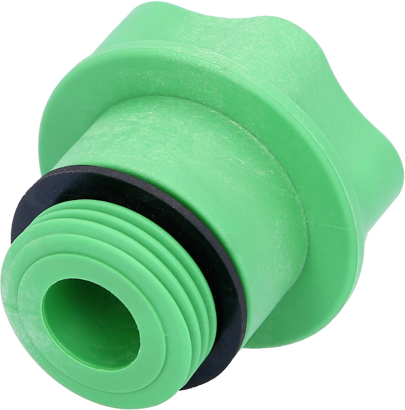 Groene kunststof tuinslangadapter met zwarte afdichtingsring, geschikt voor het aansluiten van slangnozzles op waterkranen.
