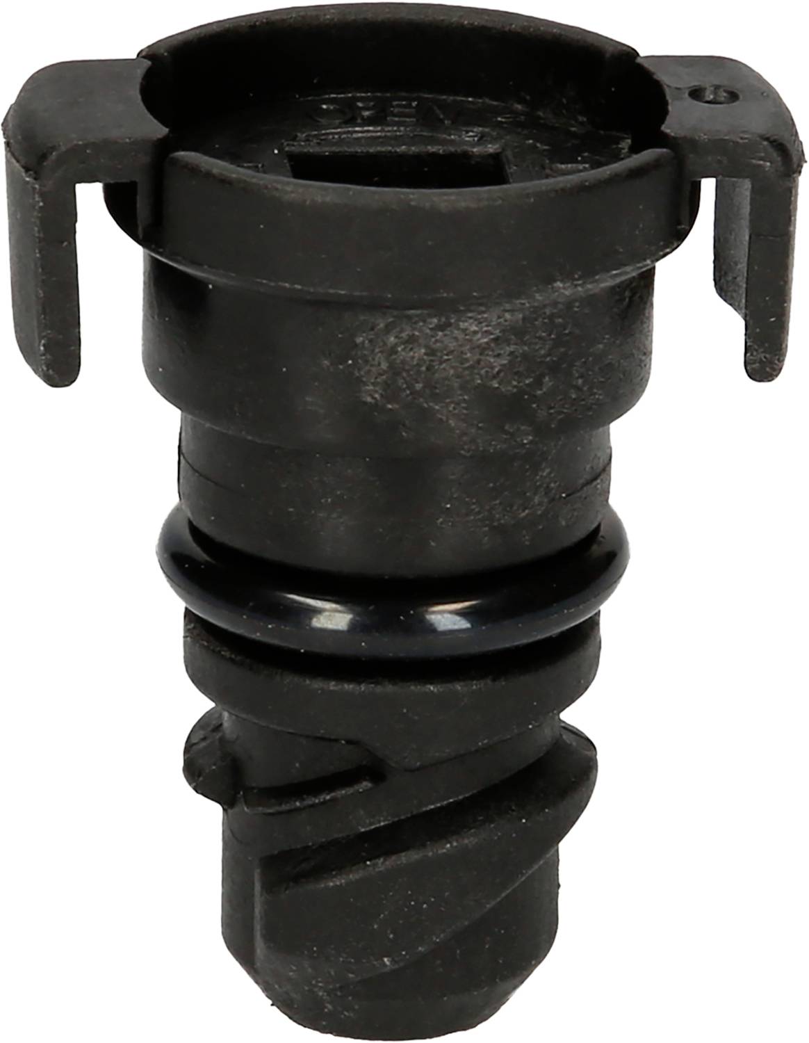 Zwarte kunststof adapter met gegroefde vorm en zijdelingse clips.