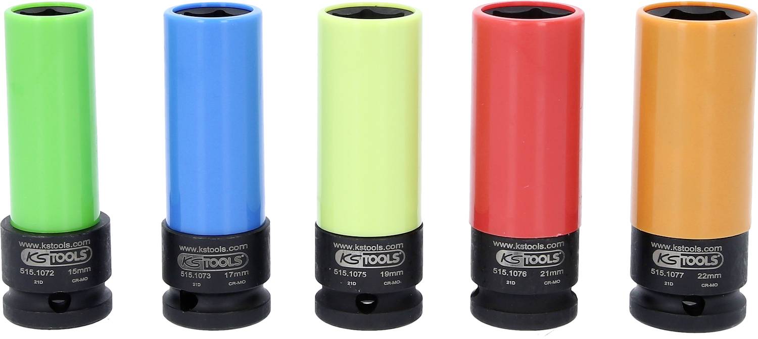 Vijf gekleurde steeksleutels in blauw, groen, geel, oranje en rood, geschikt voor wielmoeren. Elke sleutel heeft een andere maat.