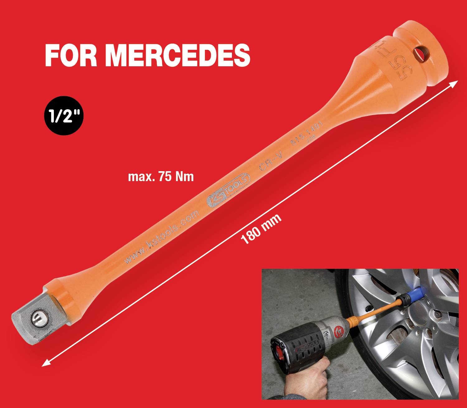 Oranje momentsleutelverlenging voor Mercedes, 180 mm, max. 75 Nm, 1/2" aandrijving. Getoond bij gebruik op een autoband.