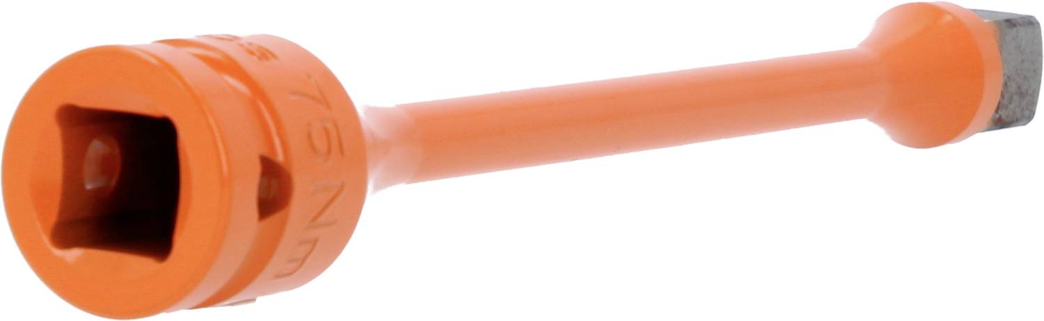 Een oranje dopsleutel met zeskante aansluiting, gebruikt voor het aandraaien of losdraaien van moeren en bouten.
