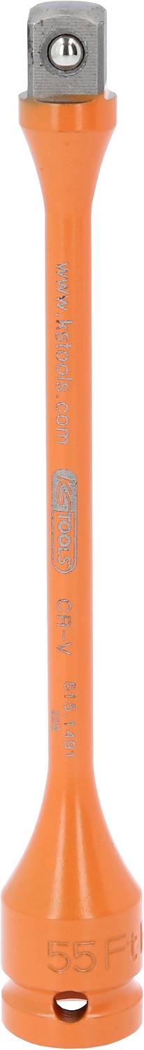 Een oranje steeksleutel-verlengadapter met een zilveren aansluitingsuiteinde, voor flexibele verlenging van gereedschappen.