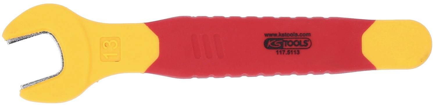 Een geel-rode kunststof sleutel met het opschrift 'KS Tools'. Maat 13, aan het bovenste uiteinde van een ergonomische greep.