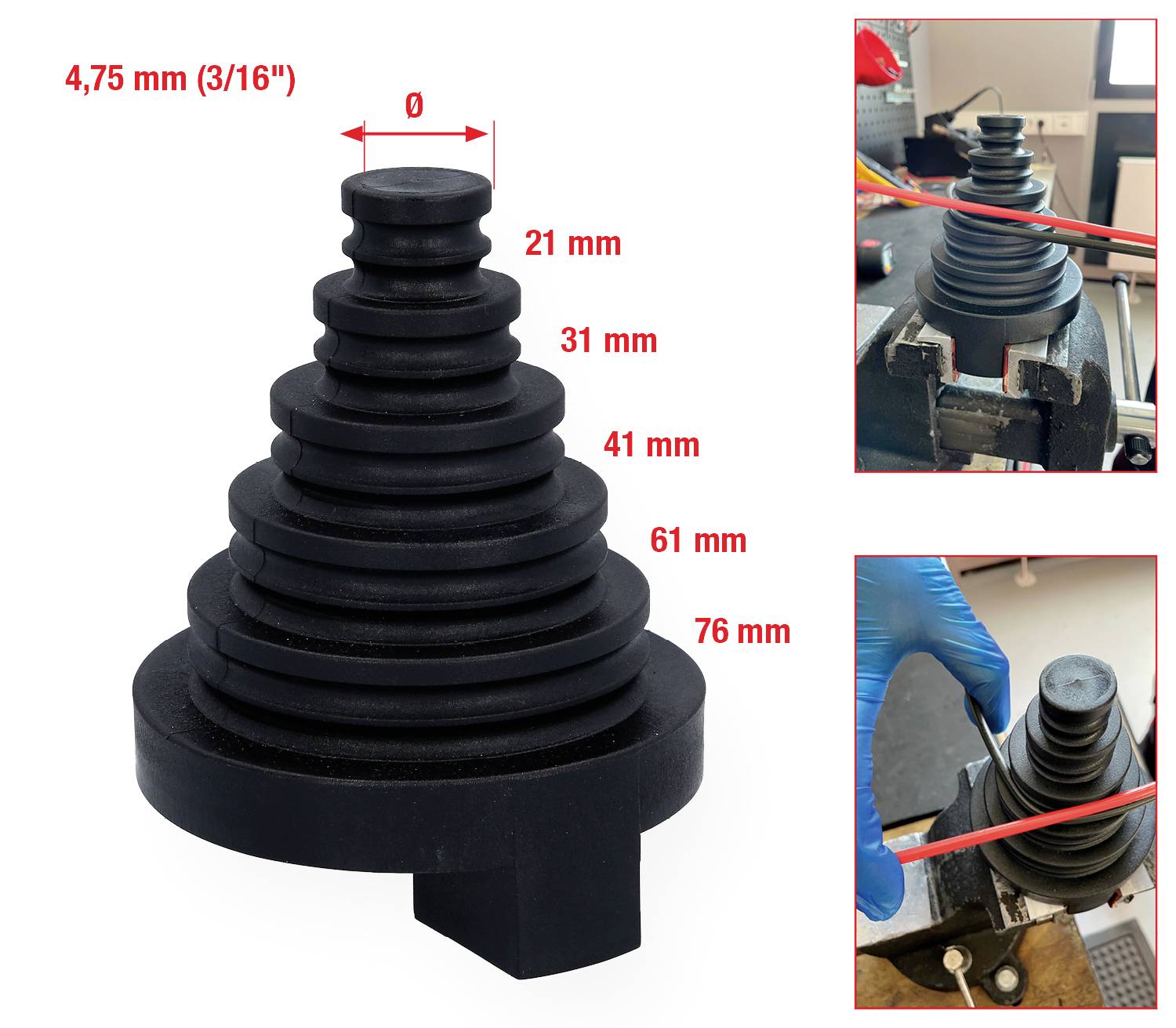 Rubberen afdichtingsmanchet met meerdere trappen in verschillende diameters (21 mm tot 76 mm) en lengtes. Gebruikt voor kabelinvoeren.