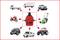 Een rood apparaat is centraal verbonden met verschillende voertuigen en machines: vrachtwagen, auto, motorfiets, grasmaaier, terreinwagen, camper, tractor.