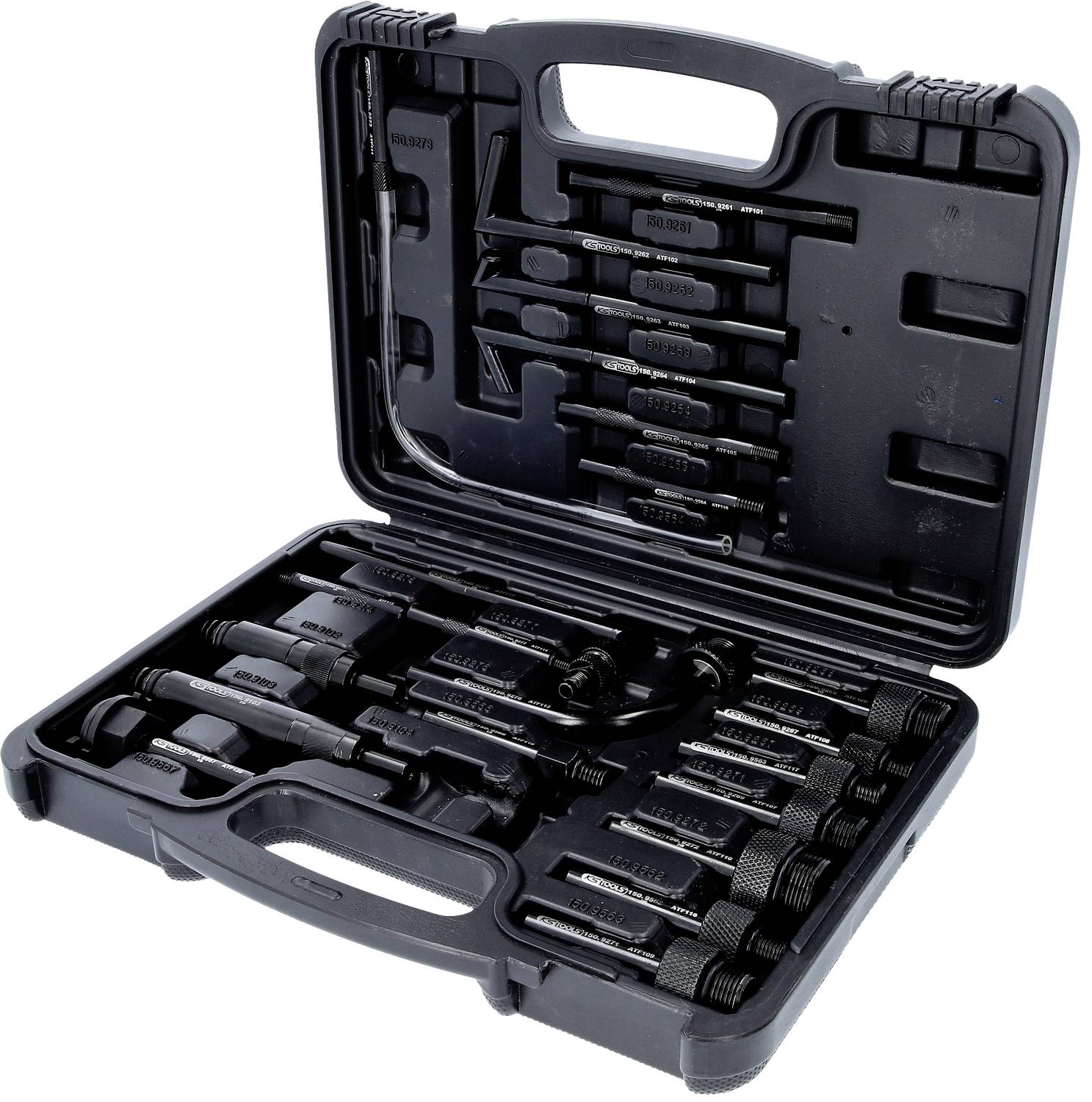 Een geopende gereedschapskist met verschillende schroevendraaiers en gereedschappen in geordende vakken.