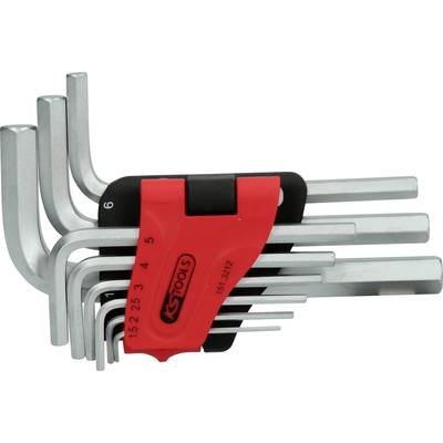 Een set zeskantsleutels in verschillende maten, vastgehouden door een rode houder met het opschrift 'KS Tools'.