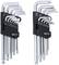 Twee sets steeksleutels: links inbussleutels met maten van 1,5 tot 10 mm, rechts Torx-sleutels van T10 tot T50, beide in houders.