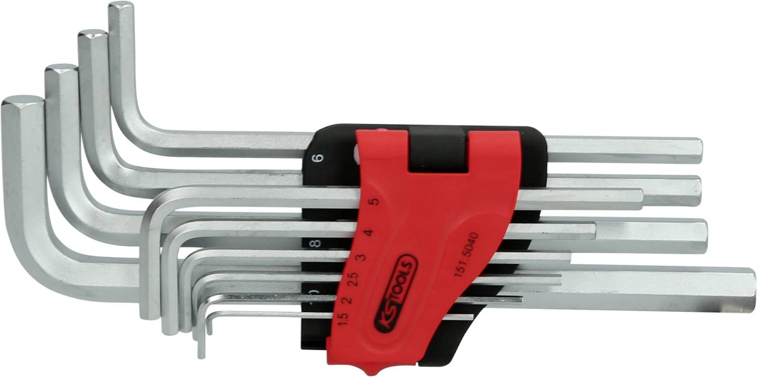 Een set inbussleutels in verschillende maten, netjes gerangschikt in een rood-zwarte houder.