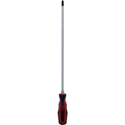 Een lange schroevendraaier met een rood en zwart handvat, voorzien van een zilveren metalen steel en een zwarte punt.