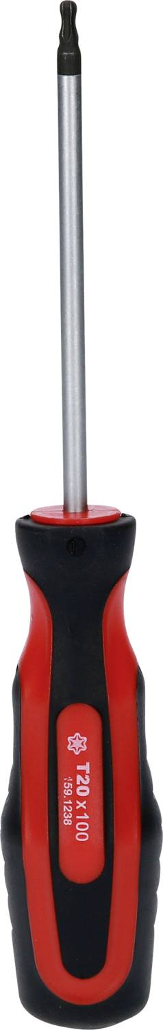 Schroevendraaier met ergonomische, rood-zwarte handgreep en zilveren lemmet voor precisiewerk.