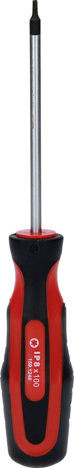 Een rode en zwarte schroevendraaier met een smal, lang metalen kopje, geschikt voor kleine schroeven.
