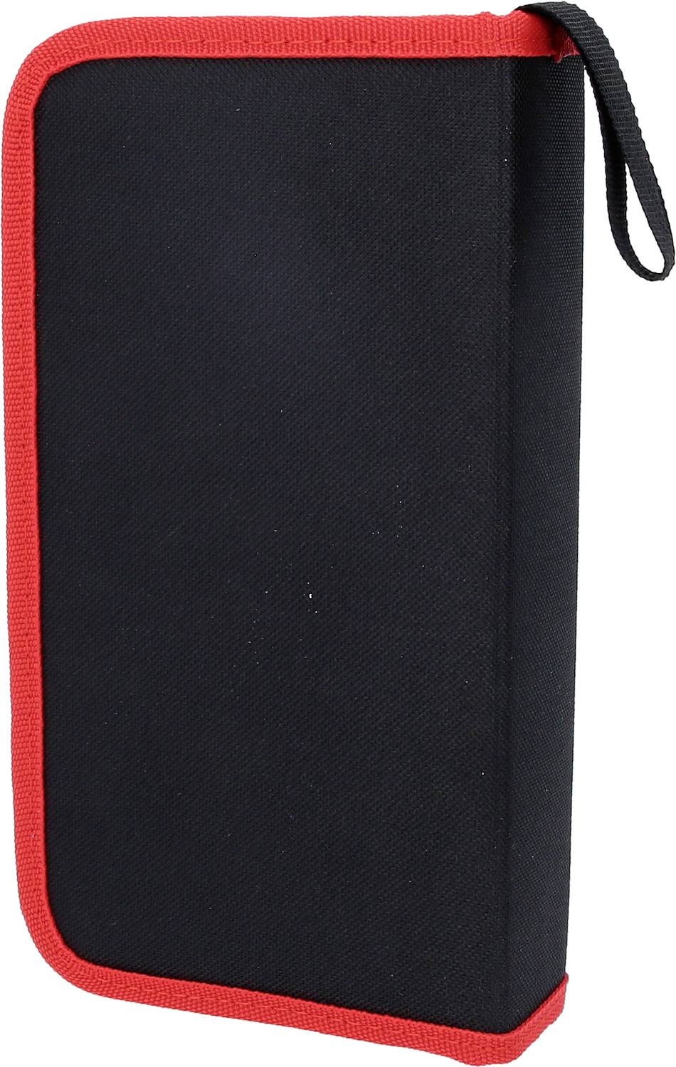 Zwart etui met rode rand en rits, rechtop staand.