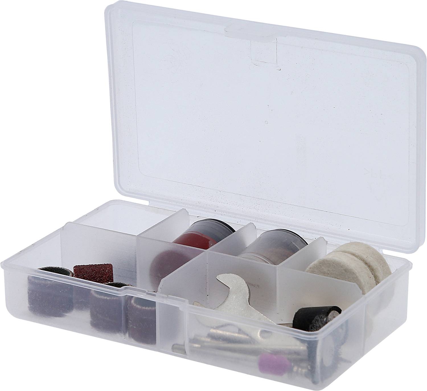 Een transparante gereedschapskoffer met meerdere kleine vakken bevat verschillende slijp- en polijsttoebehoren.