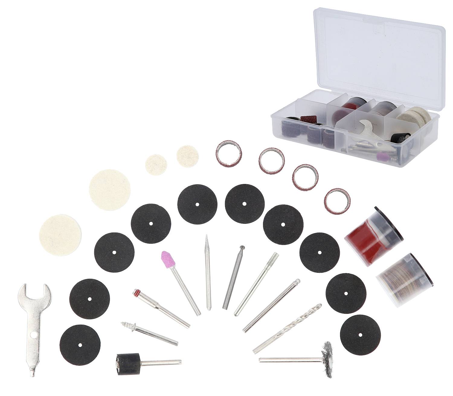 Een set boer- en slijpaccessoires, waaronder viltpads, slijpschijven, freesmachines, slijpkoppen en een mini-gereedschapskist.