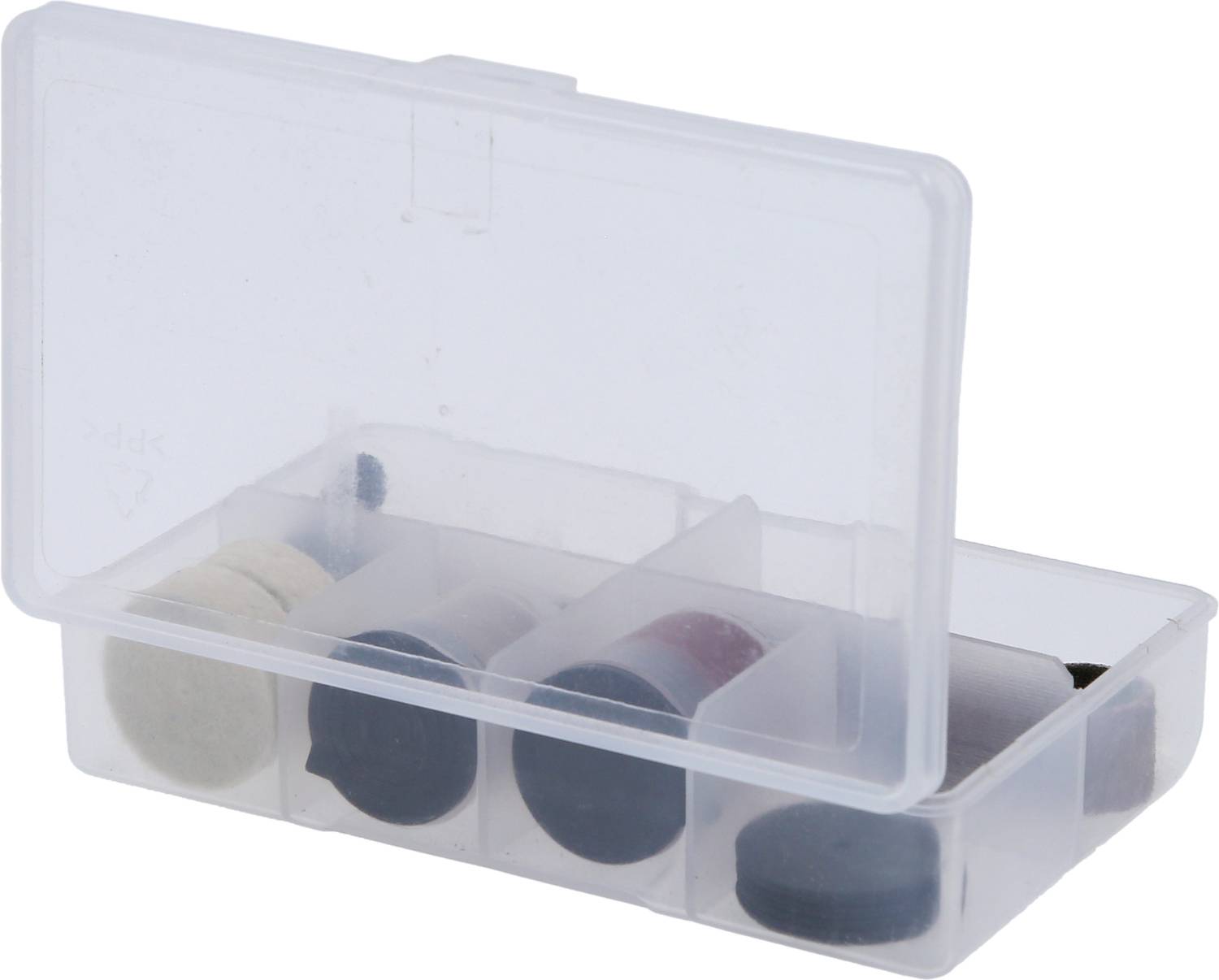 Een transparante kunststof doos met verschillende ronde vilten glijders in meerdere compartimenten. Deksel is geopend.