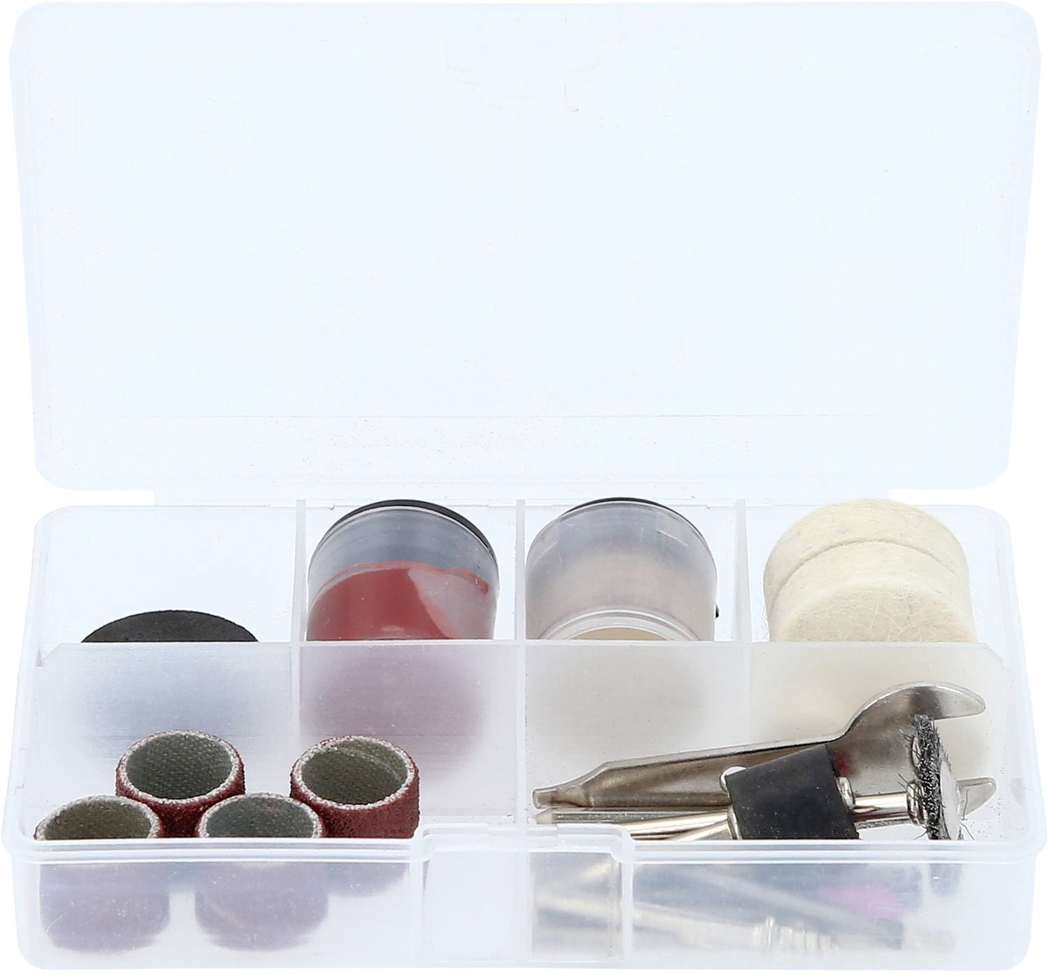 Een geopende transparante doos met slijpopzetstukken en boorgereedschappen in verschillende maten en vormen, verdeeld in vakken.