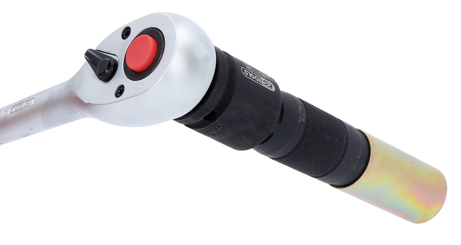 Momentsleutel met rode knop en schaal voor nauwkeurige instelling van het aandraaimoment. Gereedschap voor het vastdraaien van bouten en moeren.