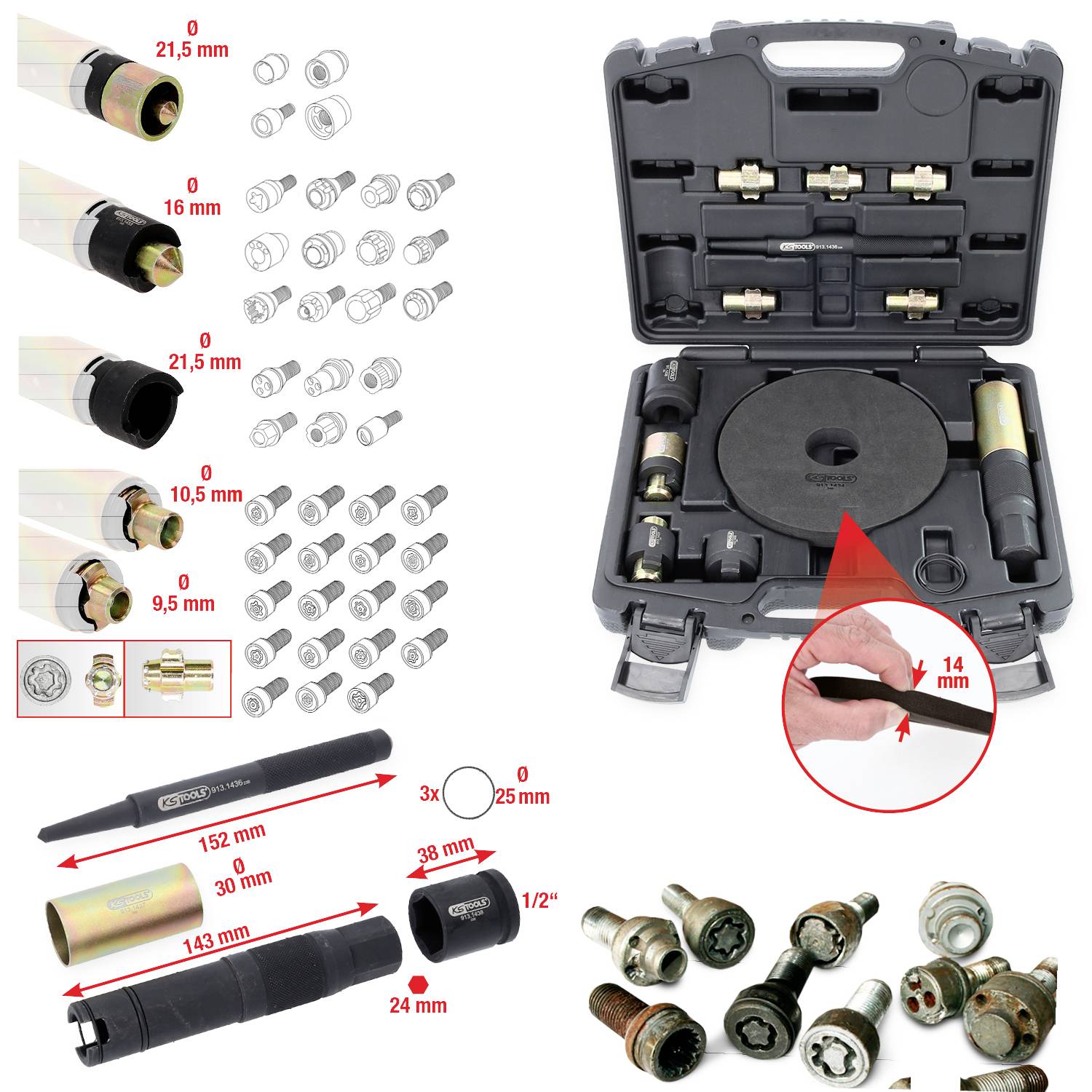 Een gereedschapskoffer met verschillende mondstukken en adapters voor bandenmontering, inclusief afmetingen en een close-up van een adapter.