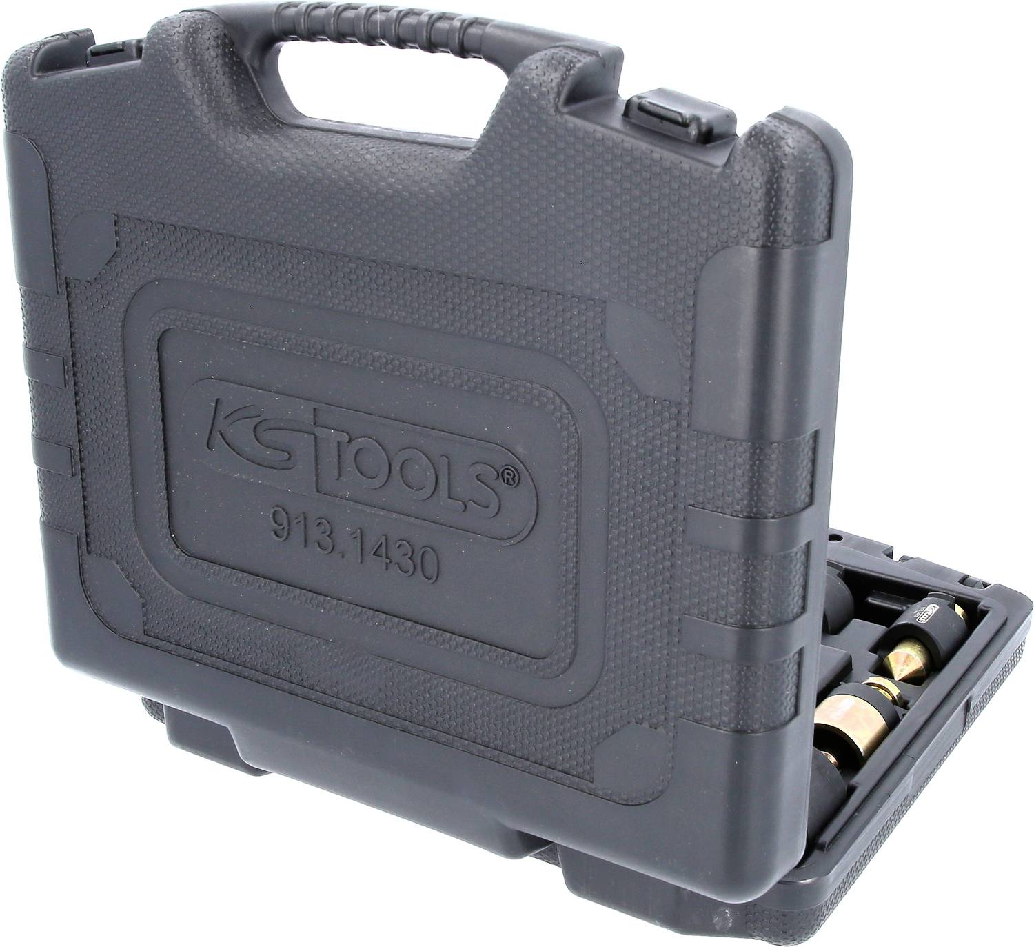 Zwarte gereedschapskoffer met het logo 'KS Tools' en het nummer '913.1430'. Een deel van de gereedschappen is geopend en zichtbaar.