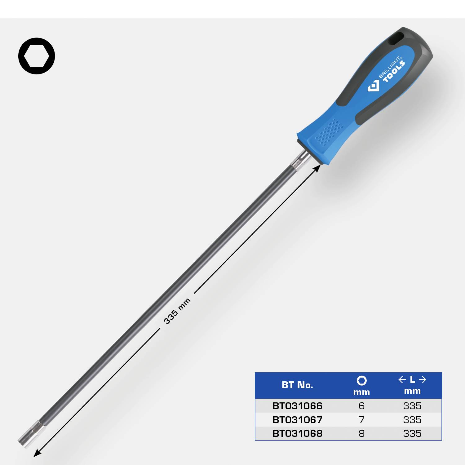 Blauwe schroevendraaier met lange steel, 335 mm lang. Tabel toont modelnummers BT031066, BT031067 en afmetingen: 6, 7 mm kop.