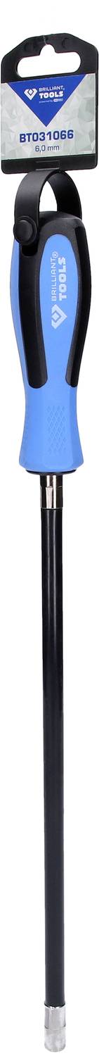 Schroevendraaier met blauwe handgreep, lange zwarte verlenging en magnetische punt; hangt aan een verpakking met merklogo.