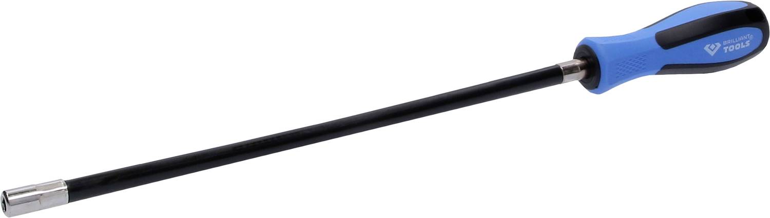 Een schroevendraaier met een lange, zwarte steel en een blauw-zwarte handgreep ligt horizontaal. Geschikt voor moeilijk bereikbare plaatsen.