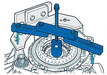 Een technische tekening toont een gereedschap voor het verwijderen van een tandwiel of lager uit een behuizing met behulp van een trekker.