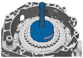 Blauwe conische pen in een grijze mechanische constructie. Toont technische details van een machinedeel.