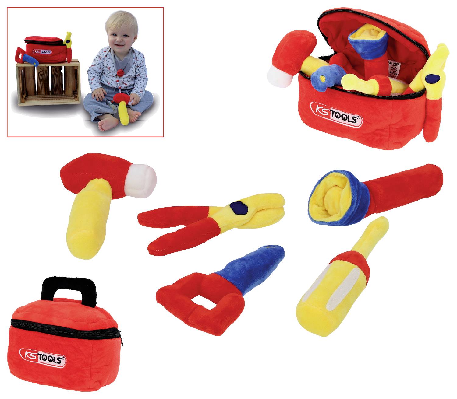 Kind speelt met pluchen gereedschapsset bestaande uit tas, hamer, schroevendraaier, tang, zaag en moersleutel in rood, geel en blauw.