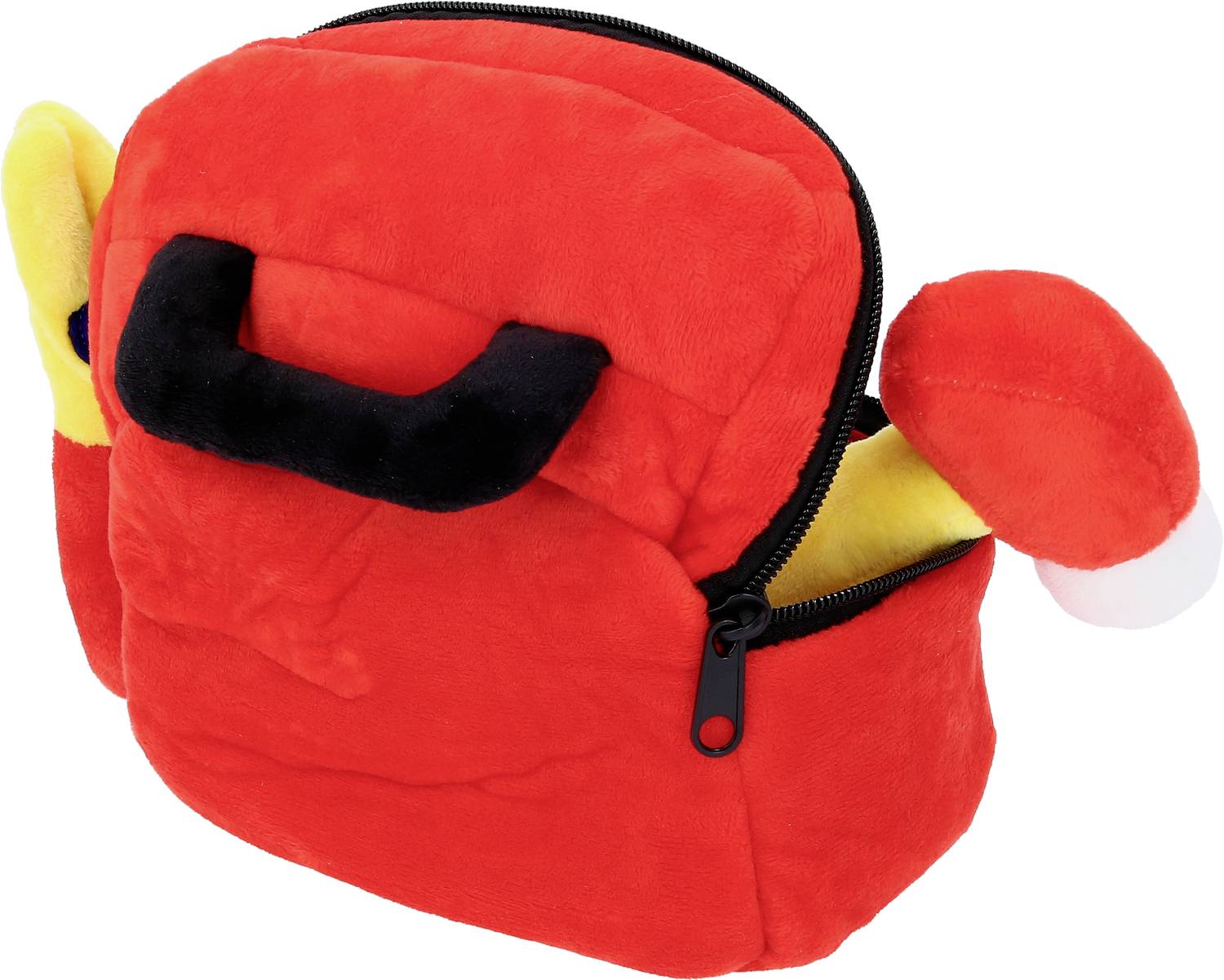 Een rood pluchen speelgoed in de vorm van een rugzak met zwarte handgrepen en een rits die gedeeltelijk open staat.