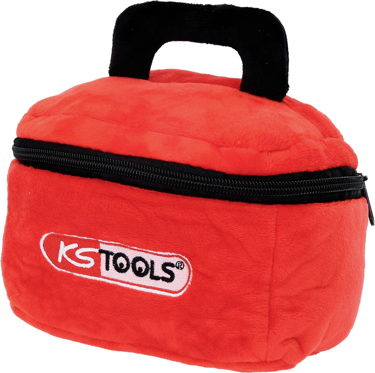 Rode gereedschapstas van stof met zwarte rits en handgreep, voorzien van het 'KS Tools' logo op de voorkant.